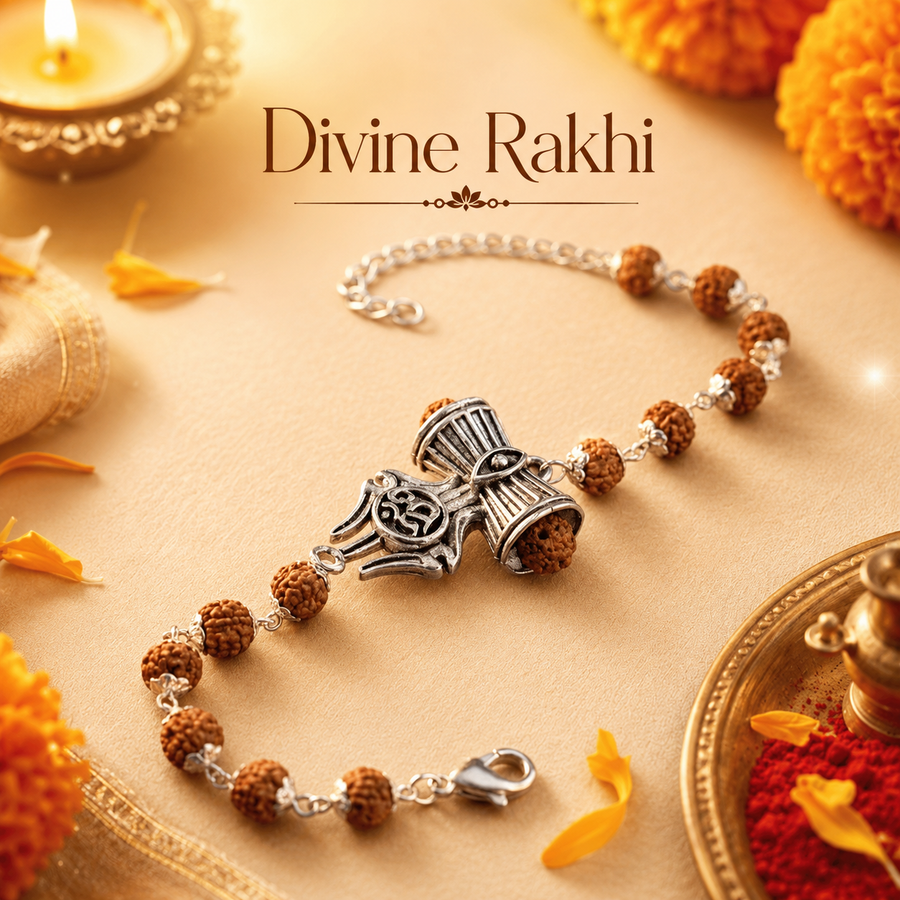 Silver Cap Rudraksha Rakhi Bracelet with Trishul Damroo