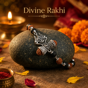 Silver Capped Karungali Rudraksha OM Trishul Damroo Rakhi Bracelet