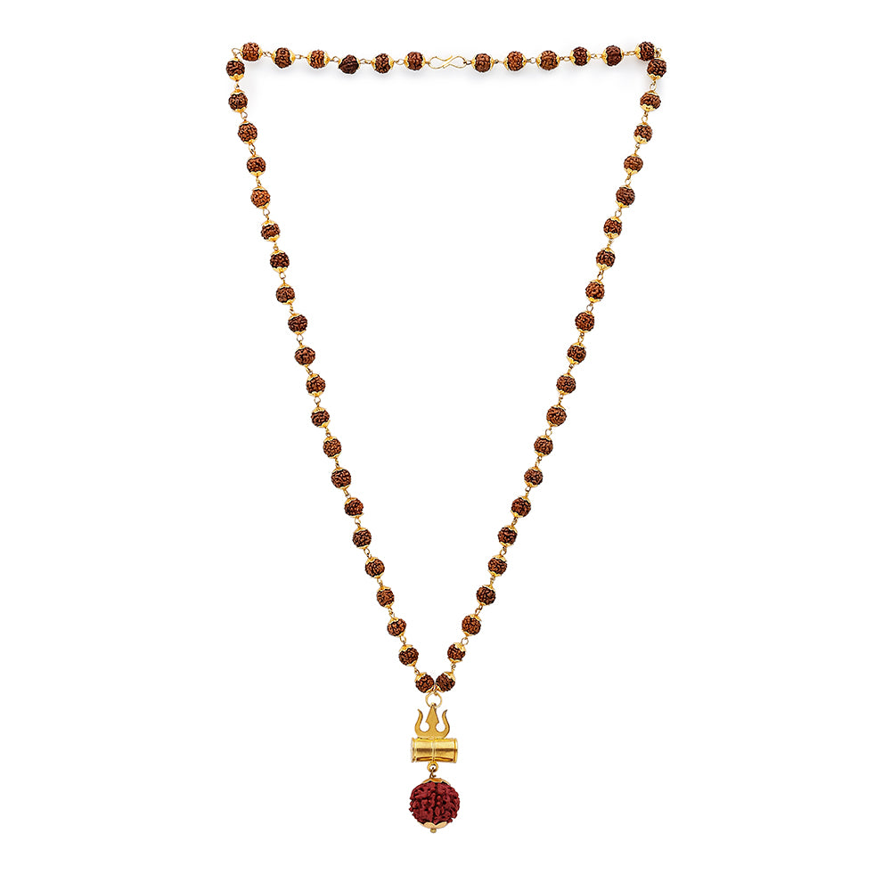 Gold Plated Shiva Damroo Trishool Rudraksha Necklace – 54 Beads, Lab Certified