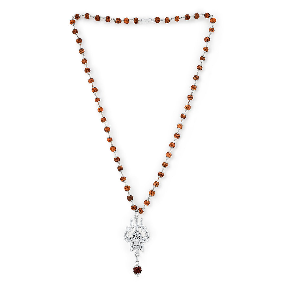 Silver Plated OM Shiva Trishool Rudraksha Necklace – 54 Beads, Lab Certified