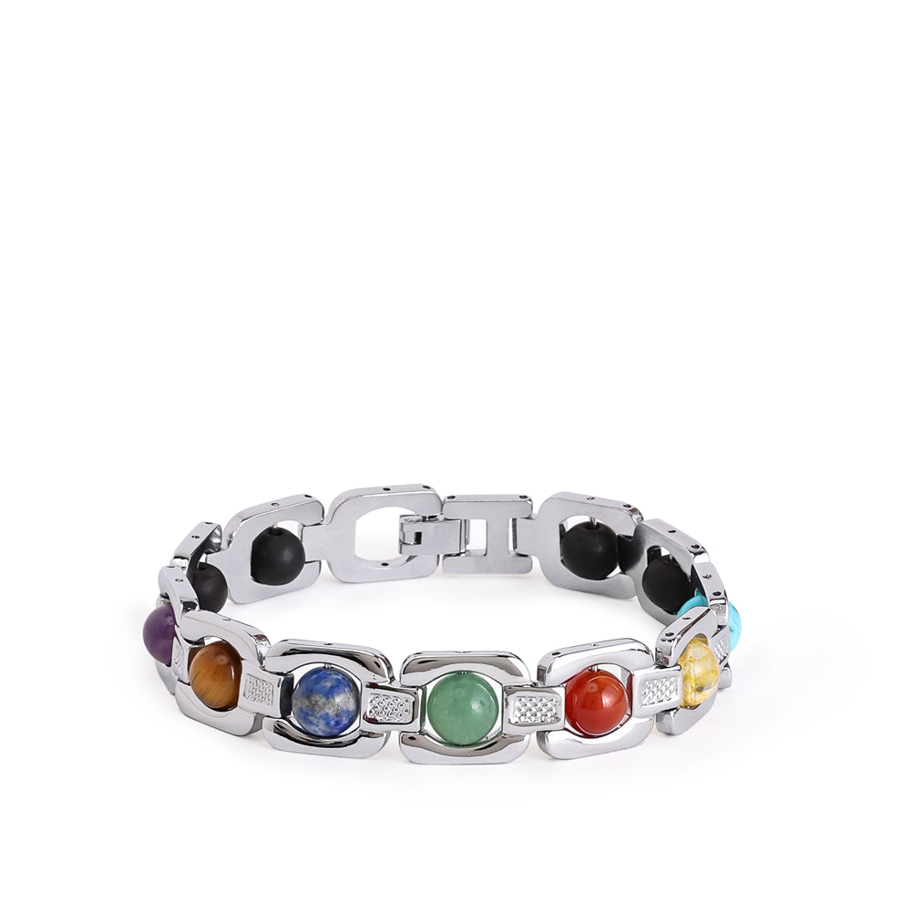 Navratna Link Chain Bracelet In Silver Finish 