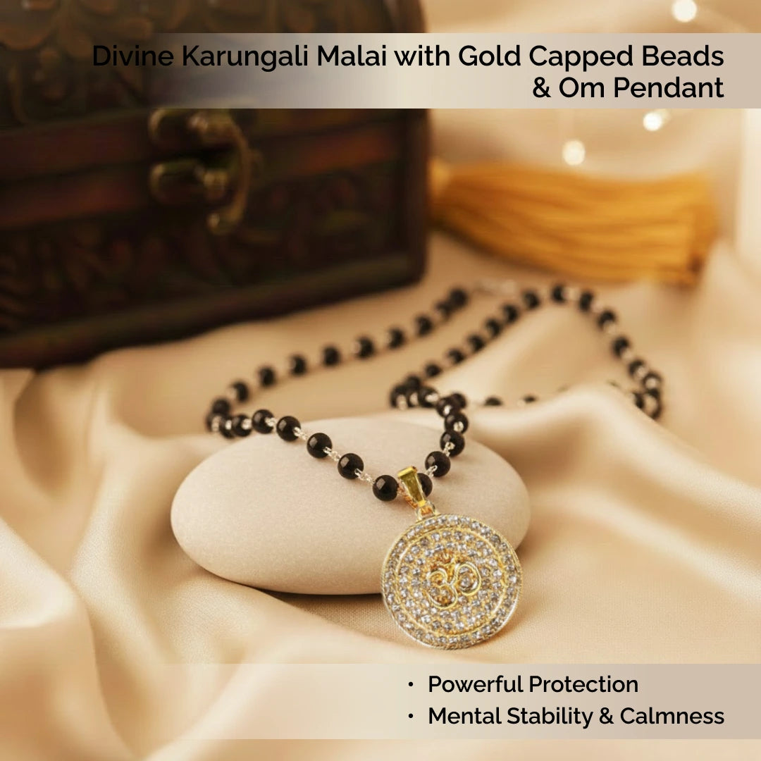 Divine Karungali Malai with Gold Capped Beads & Om Pendant