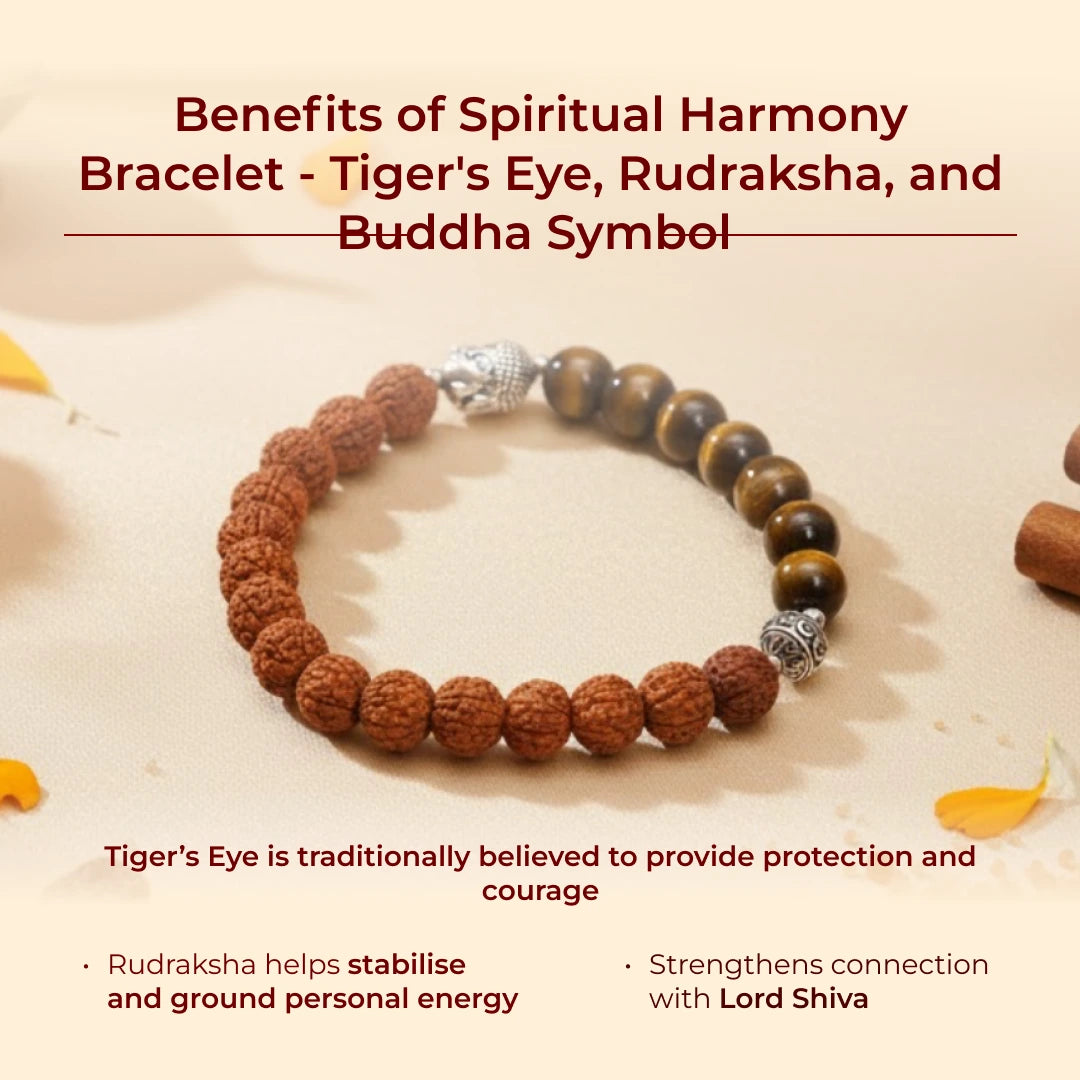 Spiritual Harmony Bracelet - Tiger's Eye, Rudraksha, and Buddha Symbol