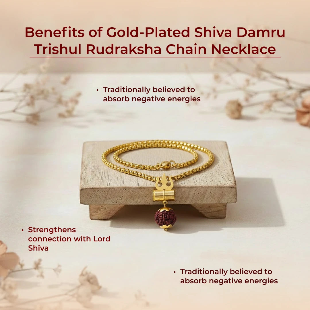 Gold-Plated Rudraksha Shiva Damroo Trishool Necklace