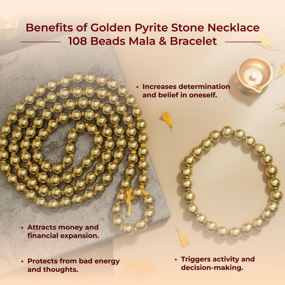 Golden Pyrite Stone Necklace 108 Beads Mala & Bracelet