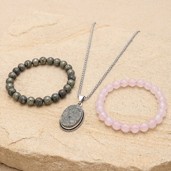 Rose Quartz and Pyrite Bracelet Combo with Pyrite Pendant for Love and Wealth combo