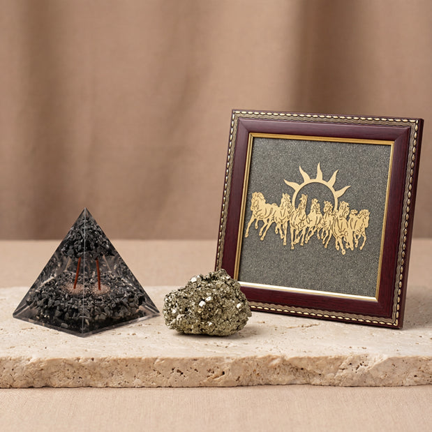 7 Horses Pyrite Frame for Wealth and Success with Pyrite Pyramid combo