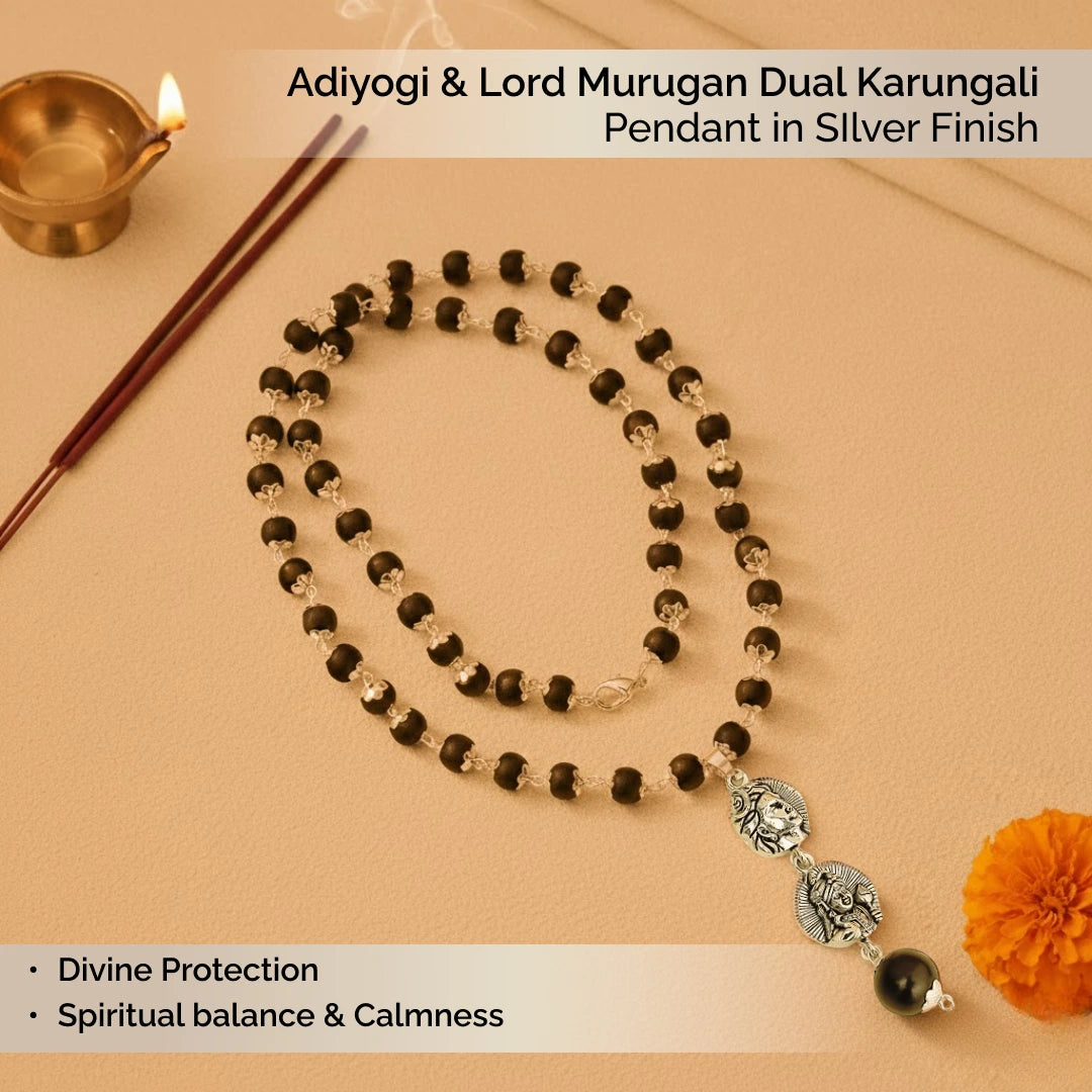 Adiyogi & Lord Murugan Dual Karungali Pendant in SIlver Finish