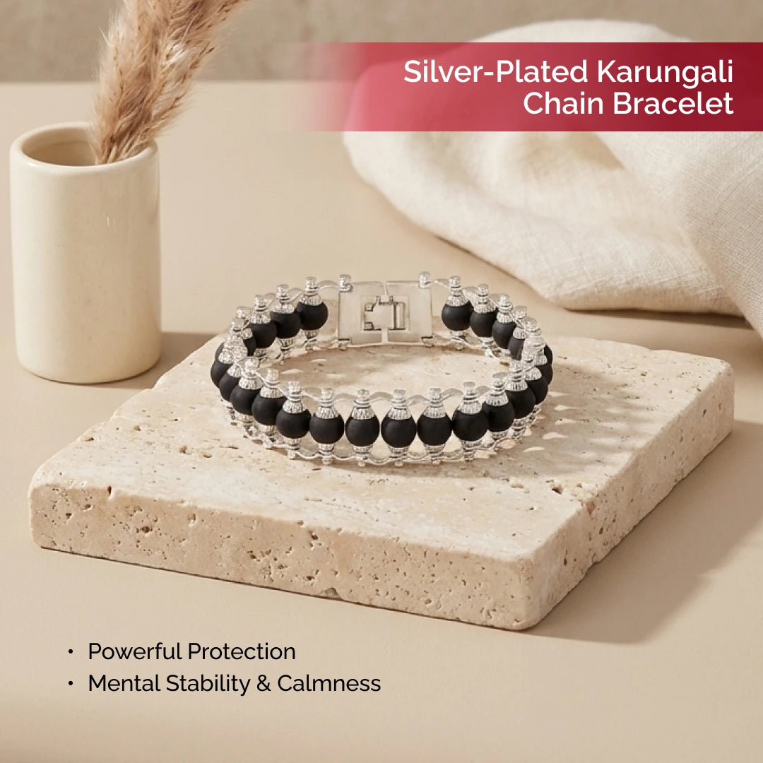 Silver-Plated Karungali Chain Bracelet - Made from Natural Ebony Wood