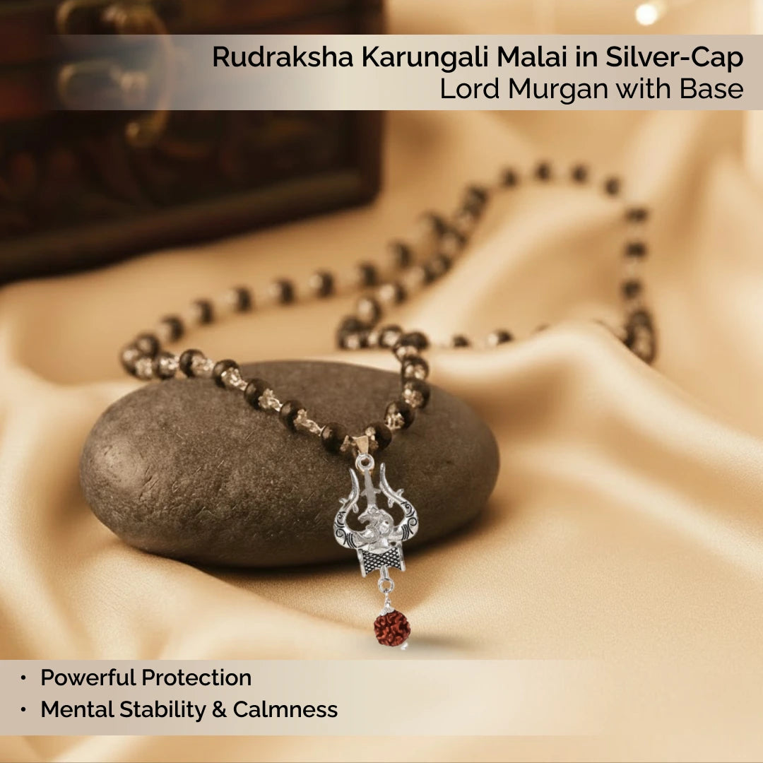 Rudraksha Karungali Mala in Silver-Cap with Shiv Trishul & Rudraksha Pendant