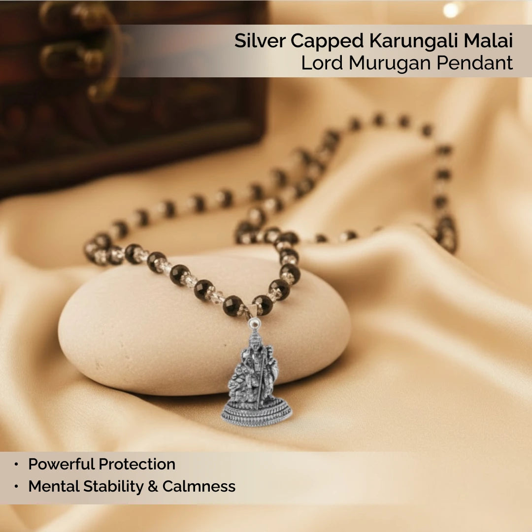 Silver Capped Karungali Malai with Lord Murugan Pendant
