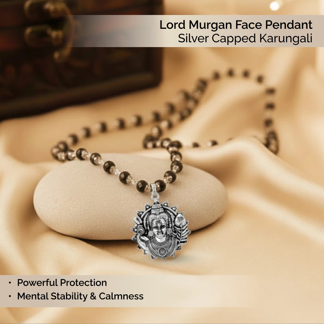Lord Murugan Face Pendant with Silver Capped Karungali
