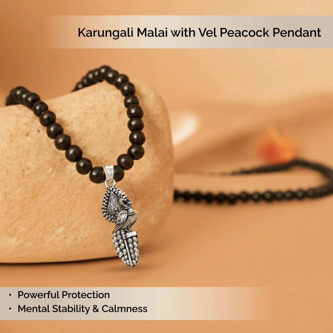 Karungali Malai with Vel Peacock Pendant