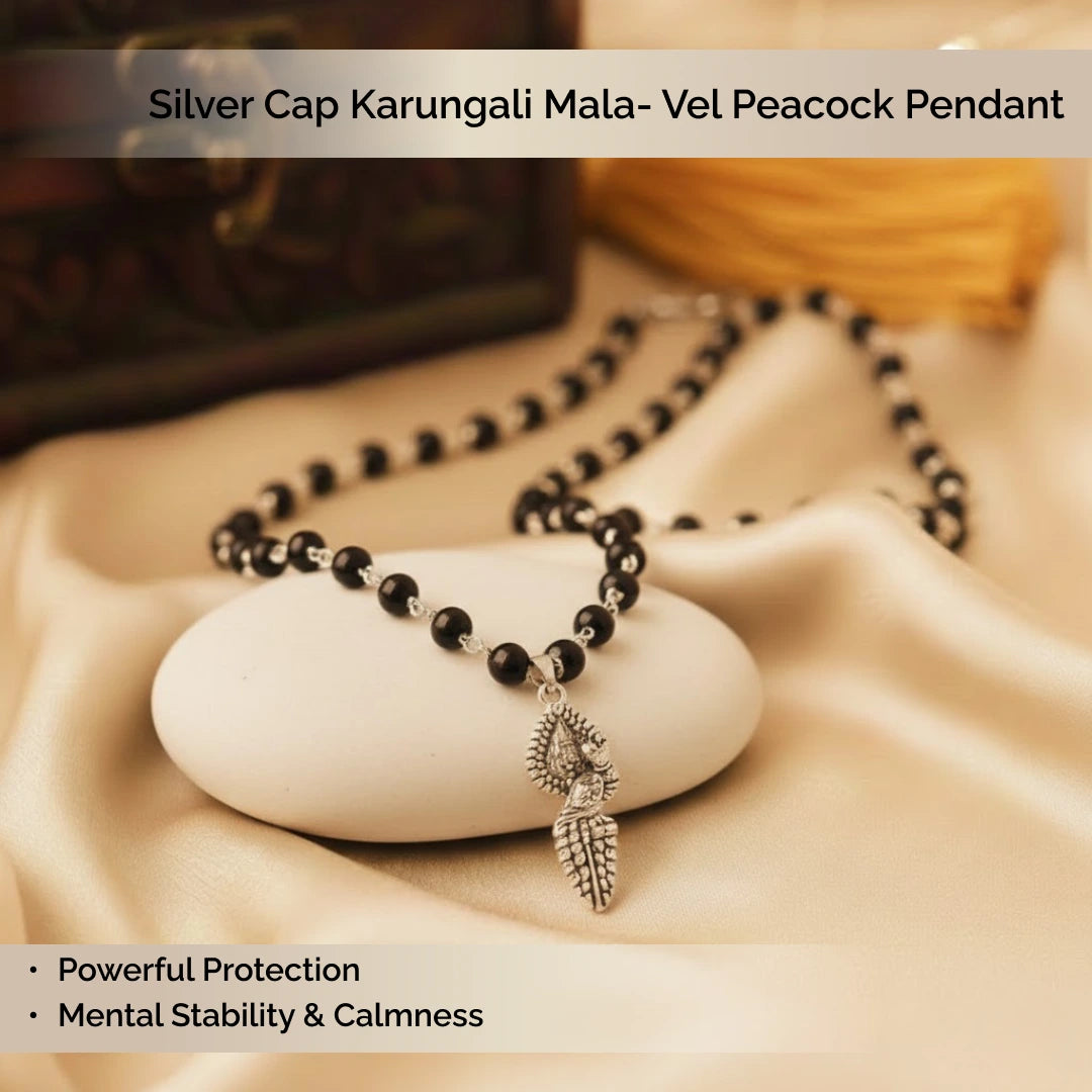 Silver Cap Karungali Mala with Vel Peacock Pendant