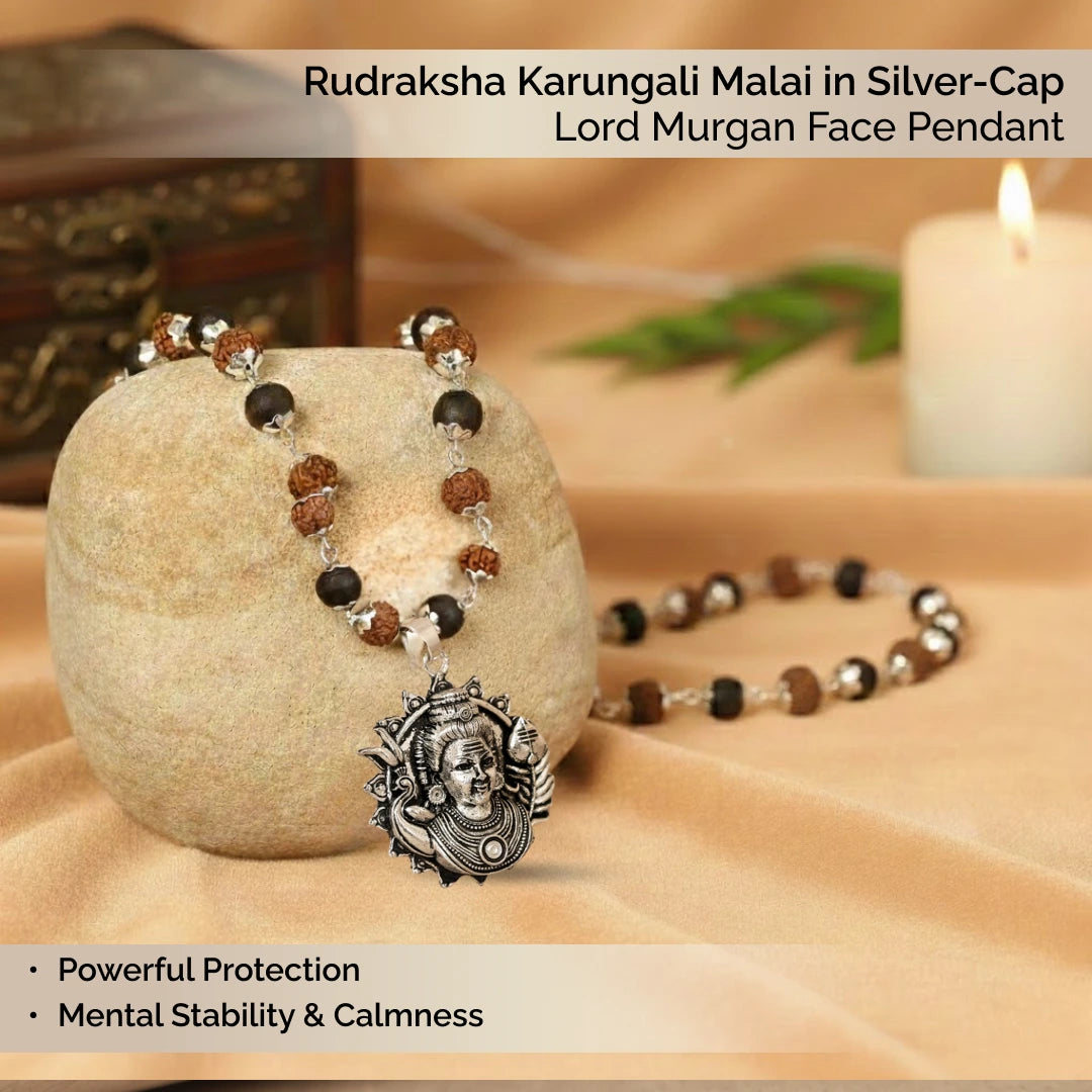 Rudraksha Karungali Malai in Silver-Cap with Lord Murugan Face Pendant