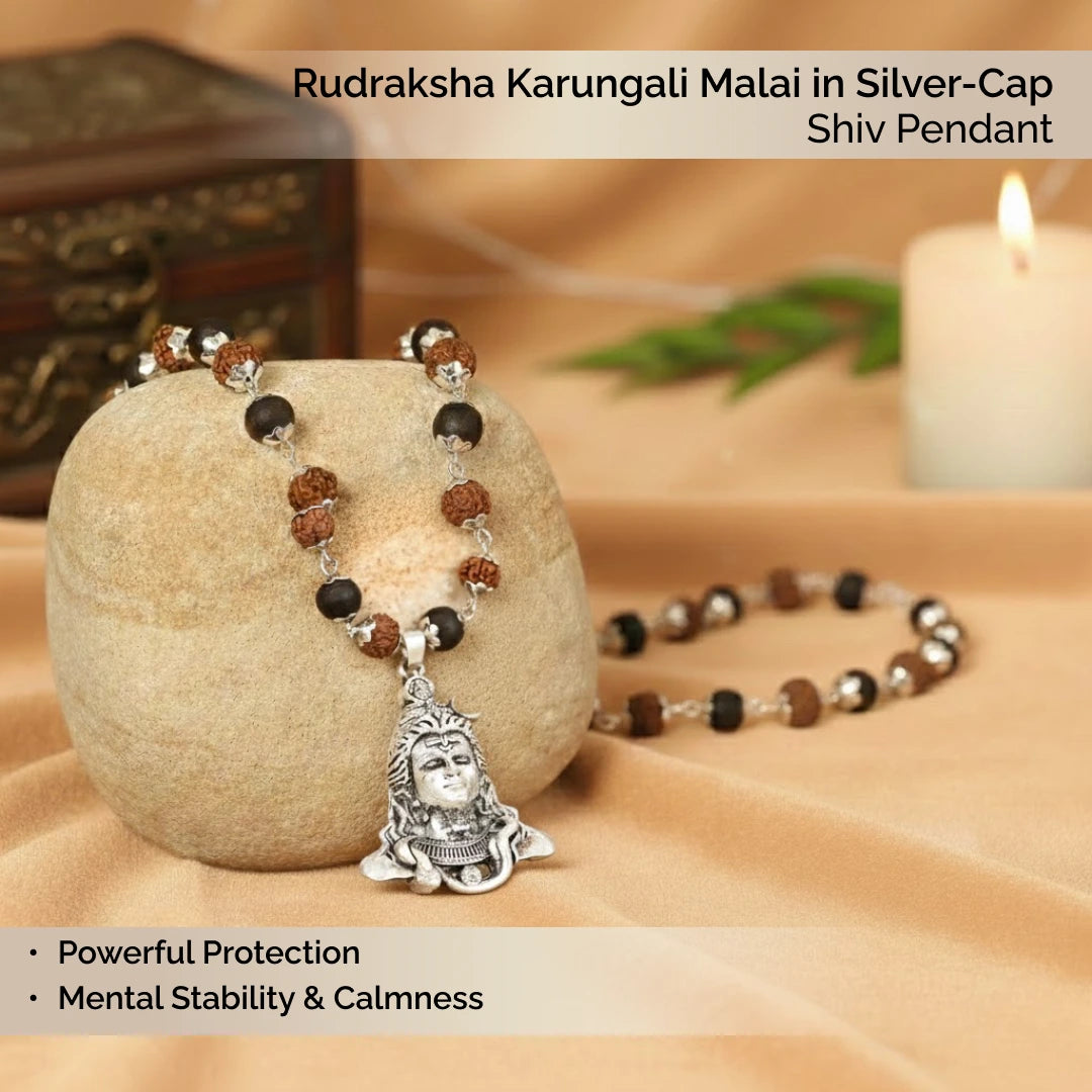 Rudraksha Karungali Malai in Silver-Cap with Shiv Pendant