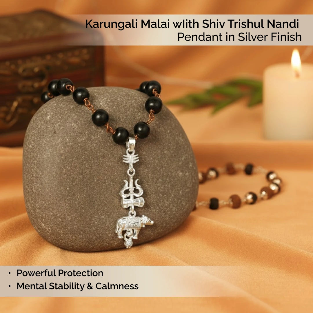 Karungali Malai (Copper wire) wIith Shiv Trishul Nandi Pendant in Silver Finish