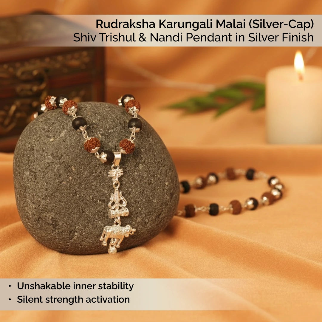 Rudraksha Karungali Malai (Silver-Cap) with Shiv Trishul & Nandi Pendant in Silver Finish
