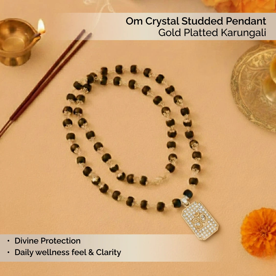Om Crystal Studded Pendant with Gold Platted Karungali