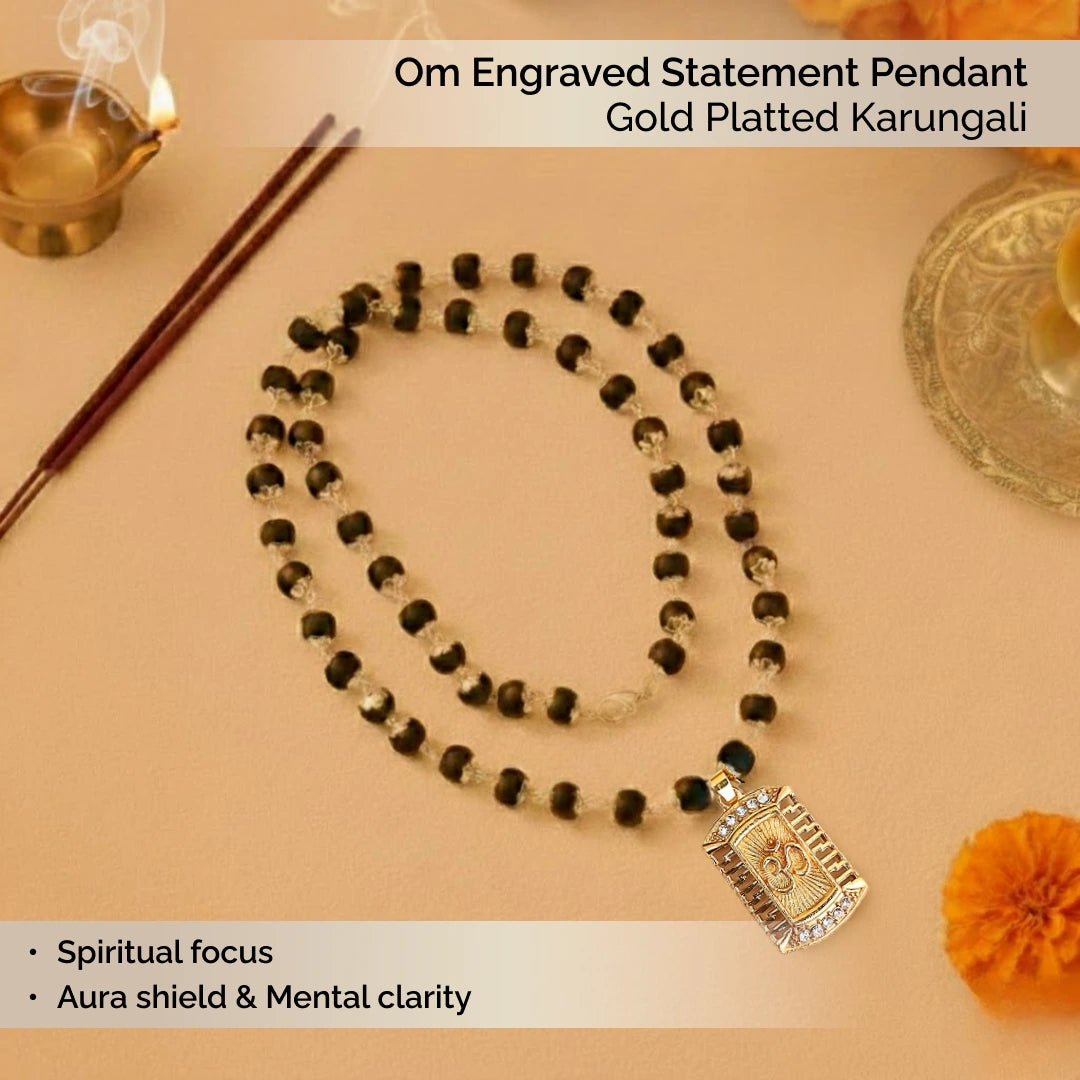 Om Engraved Statement Pendant with Gold Platted Karungali