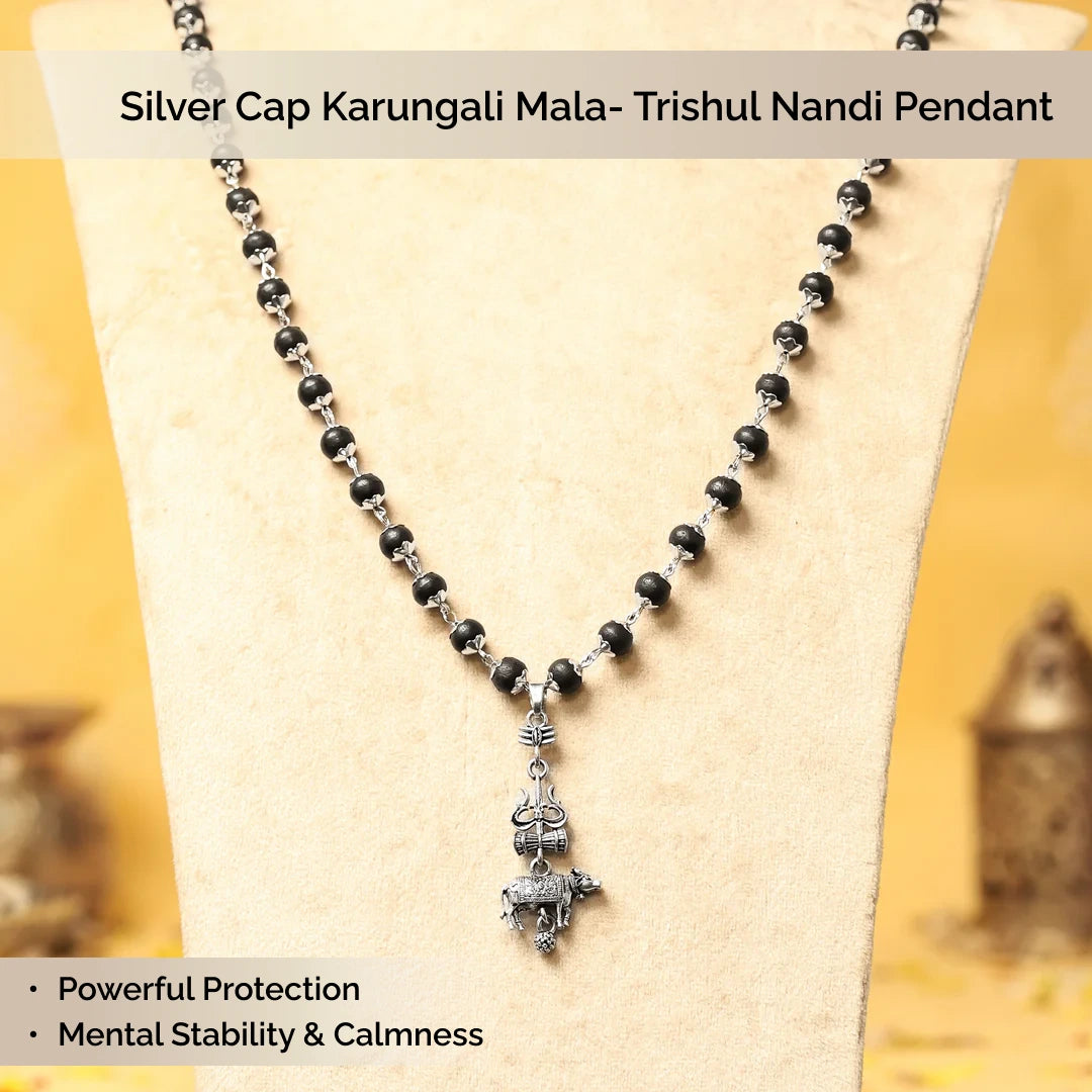 Silver Cap Karungali Mala with Trishul Nandi Pendant