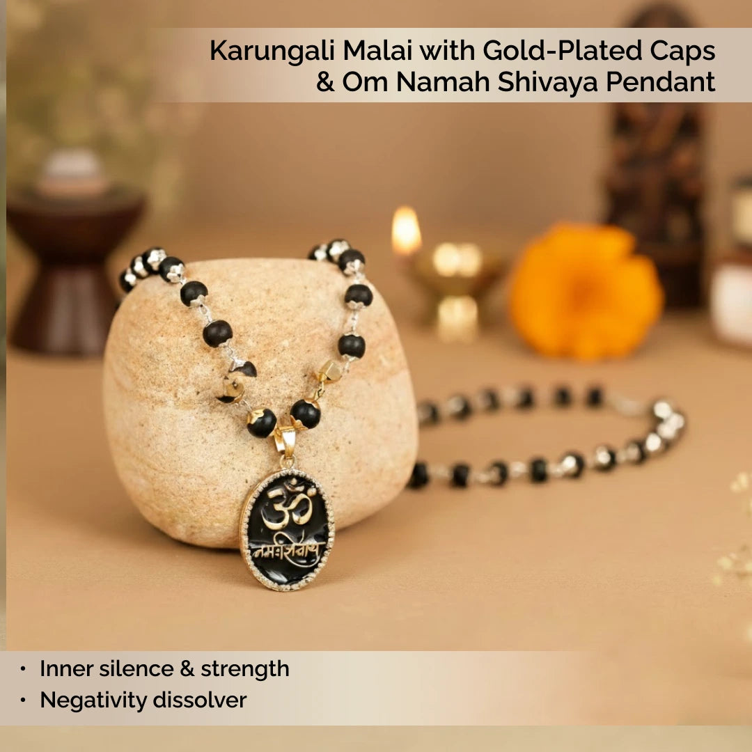 Karungali Malai with Gold-Plated Caps & Om Namah Shivaya Pendant