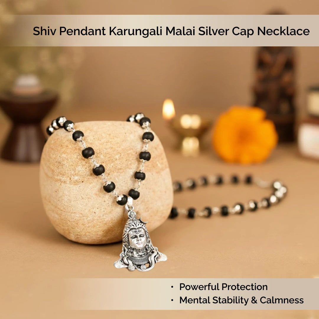 Shiv Pendant Karungali Malai Silver Cap Necklace with Govt. Certification