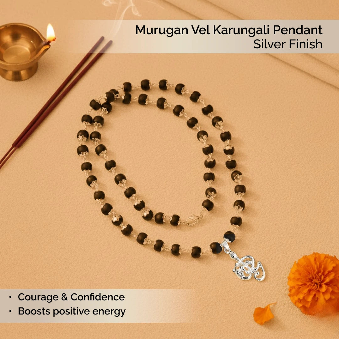Murugan Vel Shiv Ganesh Karungali Pendant in SIlver Finish