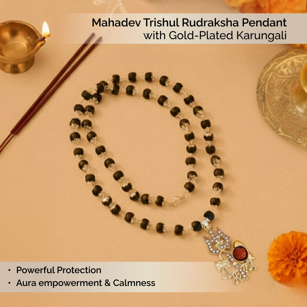 Mahadev Trishul Rudraksha Pendant with Gold-Plated Karungali