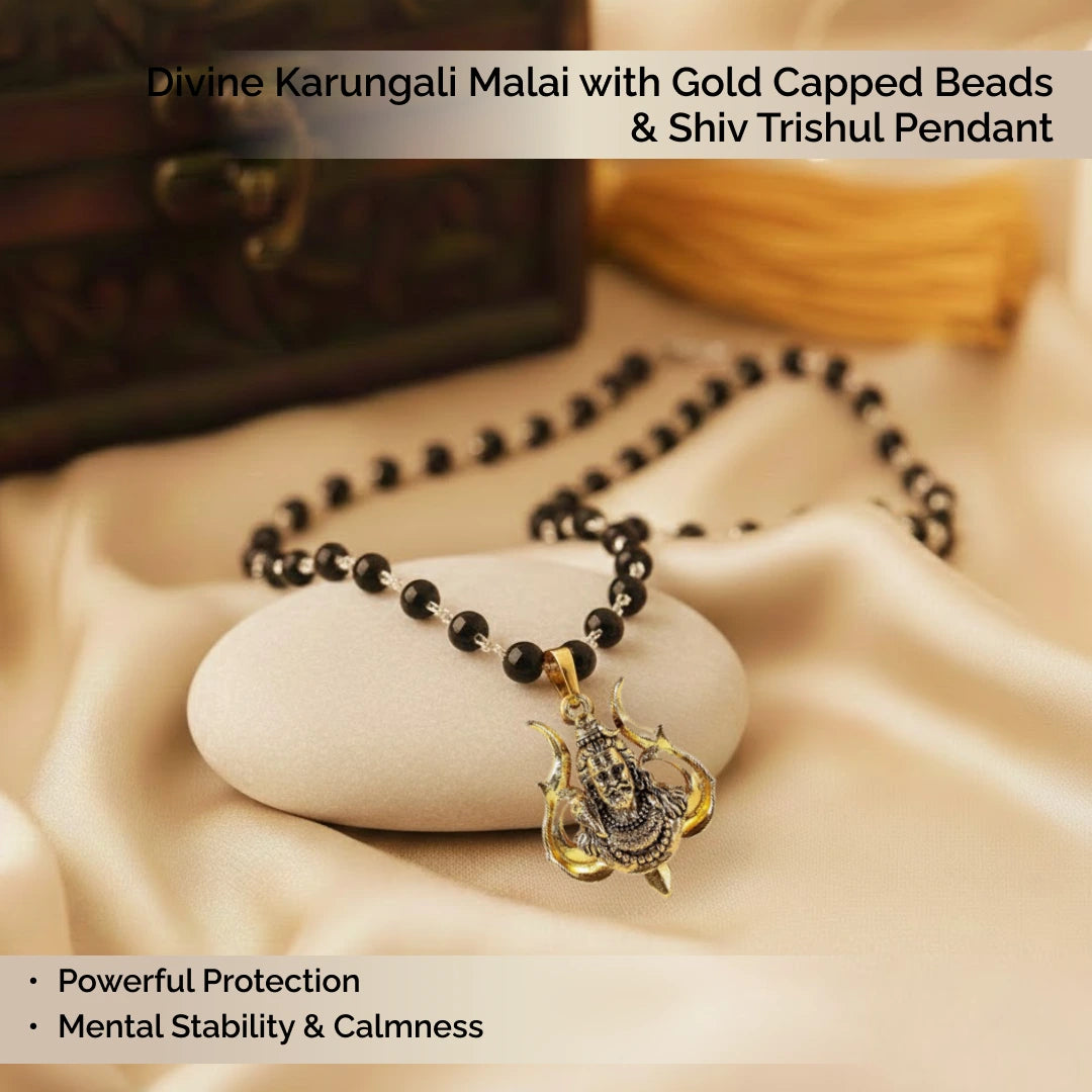 Divine Karungali Malai with Gold Capped Beads & Shiv Trishul Pendant