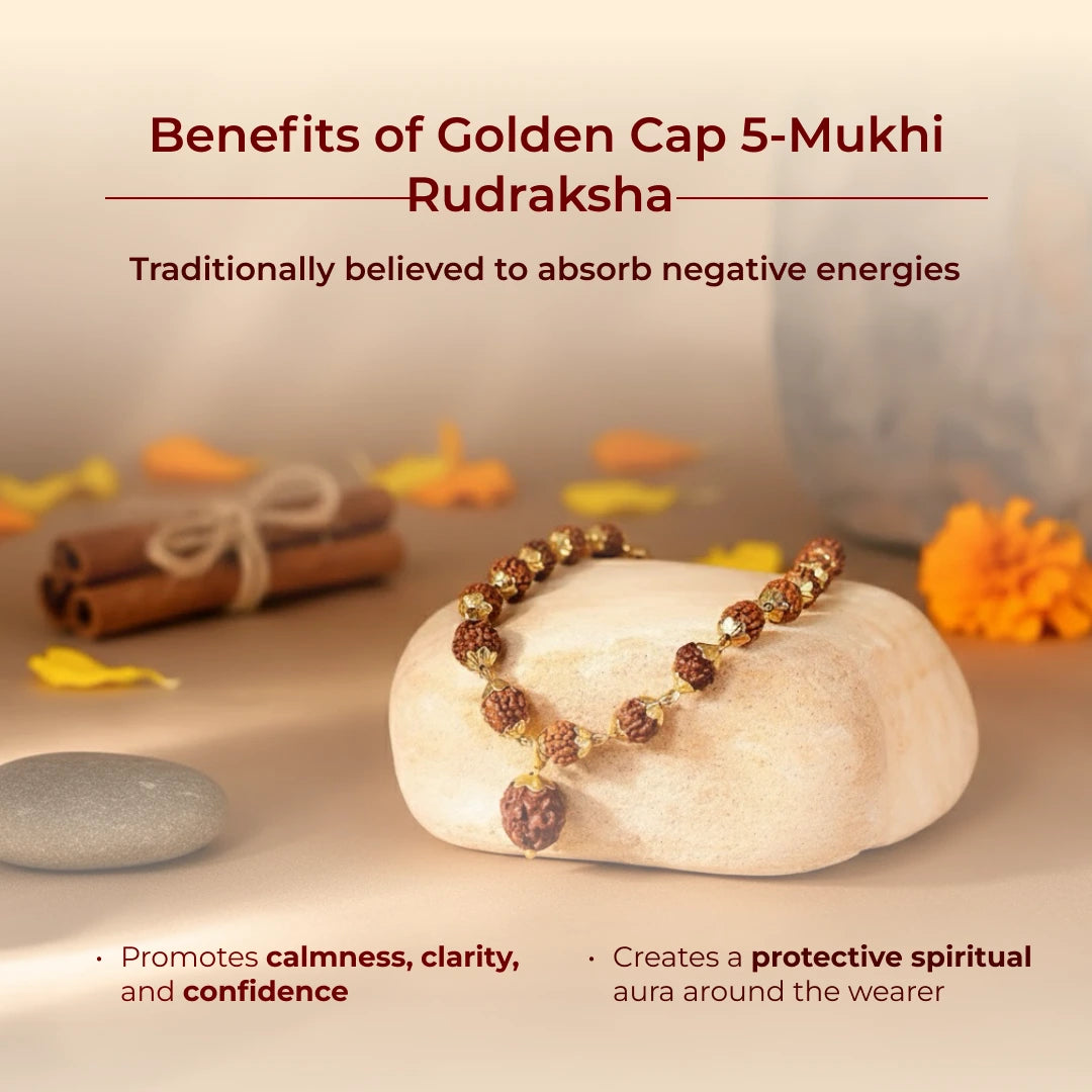 Golden Cap 5-Mukhi Rudraksha – Lab Certified
