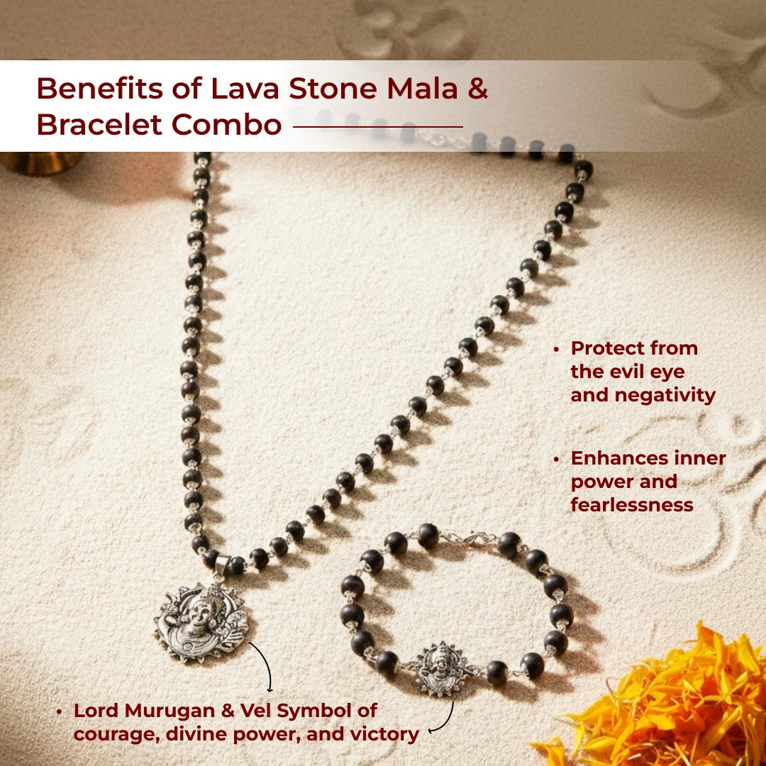 Lord Murugan Silver-Capped Karungali Combo (Pendant & Bracelet)