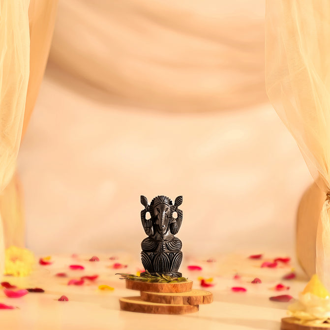 Divine Hindu Lord Ganesh Karungali Idol with Lotus Base– Ebony Wood