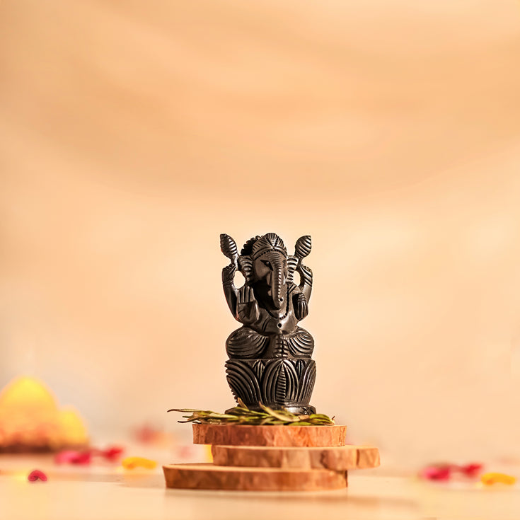 Divine Hindu Lord Ganesh Karungali Idol with Lotus Base– Ebony Wood