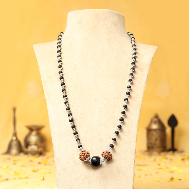 Silver Capped Karungali Malai with 6 Mukhi Rudraksha & Black Bead large