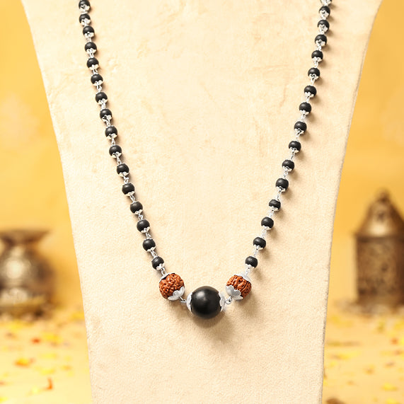 Silver Capped Karungali Malai with 6 Mukhi Rudraksha & Black Bead small