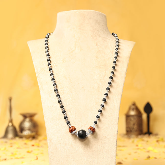 Silver Capped Karungali Malai with 6 Mukhi Rudraksha & Black Bead small