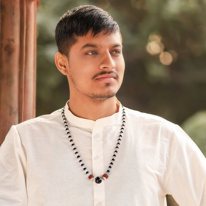 Silver Capped Karungali Malai with 6 Mukhi Rudraksha & Black Bead small