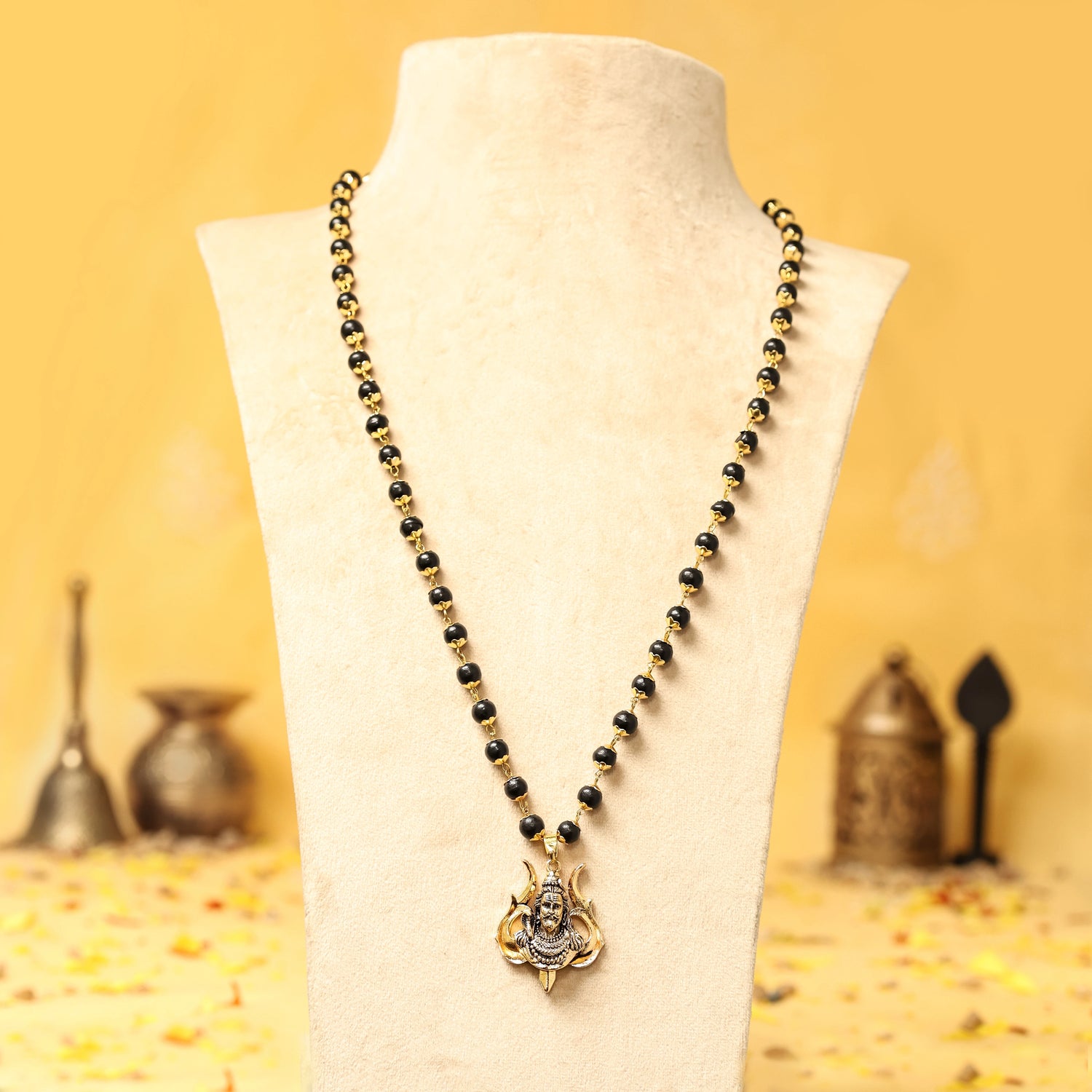 Divine Karungali Malai with Gold Capped Beads & Shiv Trishul Pendant