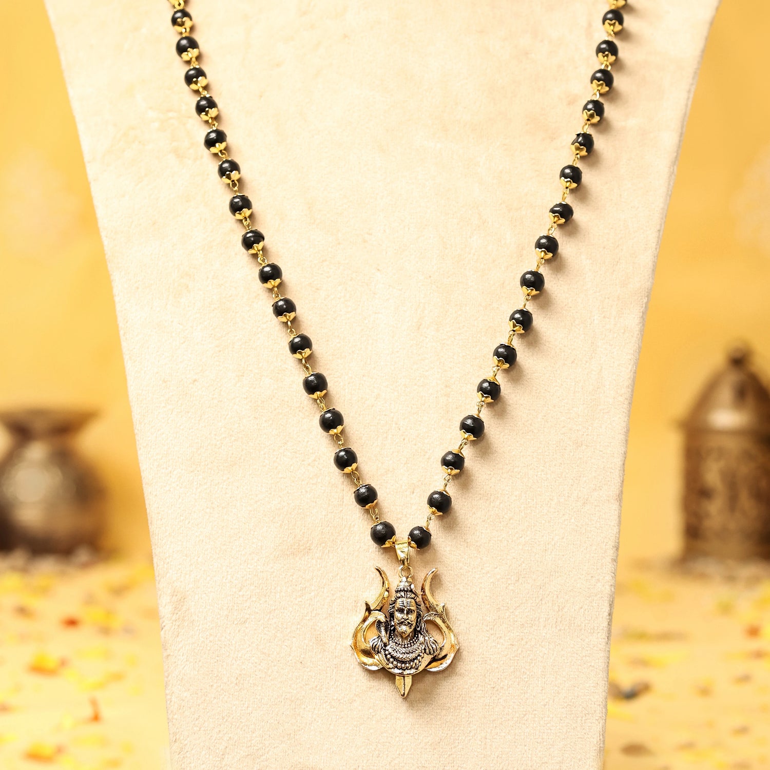 Divine Karungali Malai with Gold Capped Beads & Shiv Trishul Pendant
