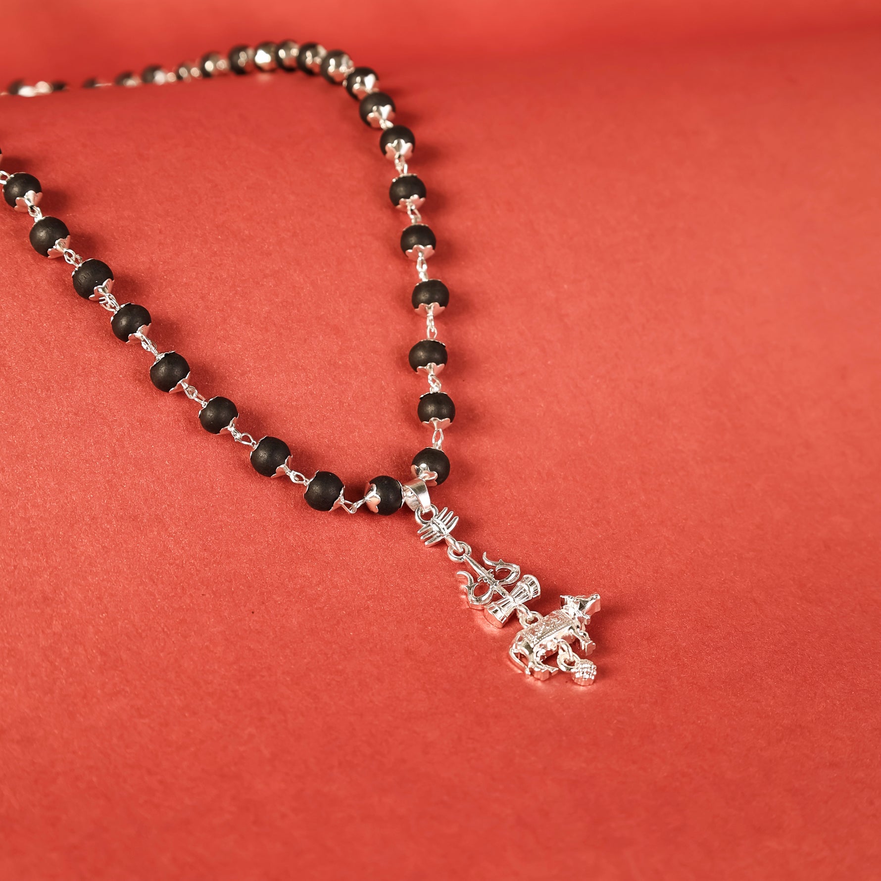 Silver Cap Karungali Mala with Trishul Nandi Pendant