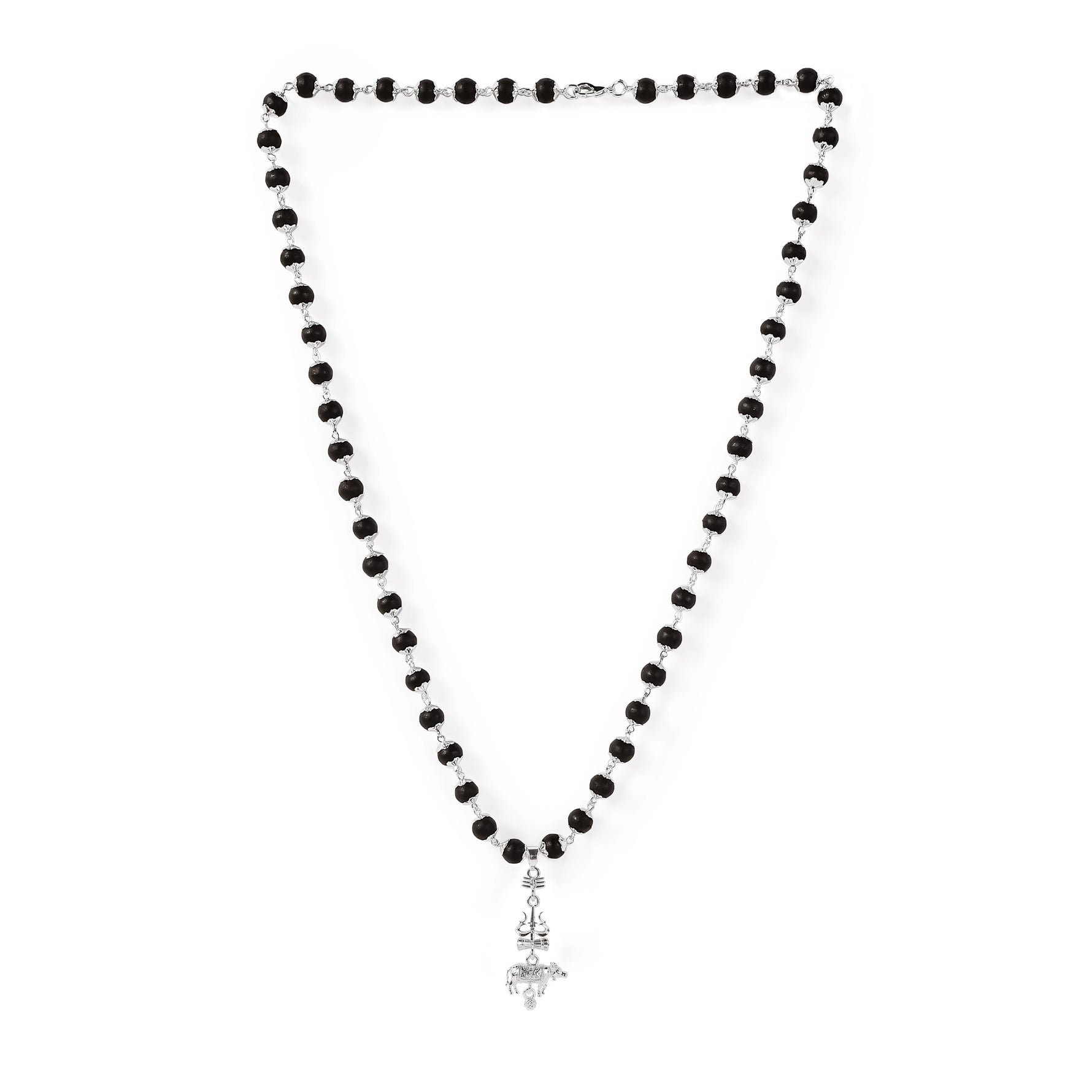 Silver Cap Karungali Mala with Trishul Nandi Pendant