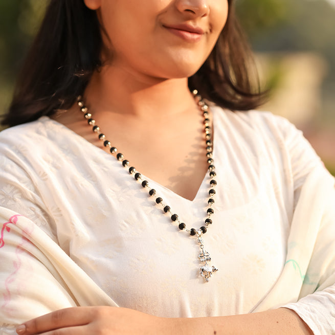 Silver Cap Karungali Mala with Trishul Nandi Pendant
