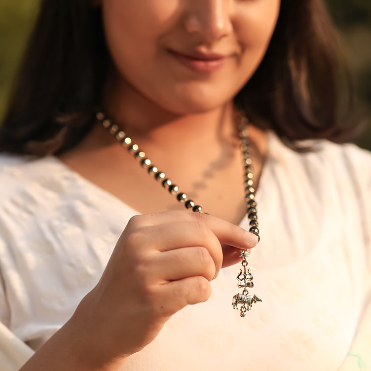 Silver Cap Karungali Mala with Trishul Nandi Pendant