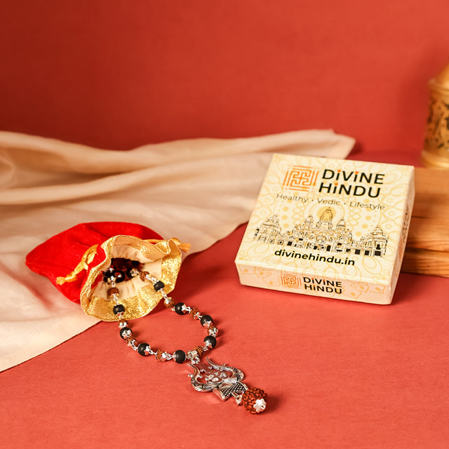 Rudraksha Karungali Mala in Silver-Cap with Shiv Trishul & Rudraksha Pendant