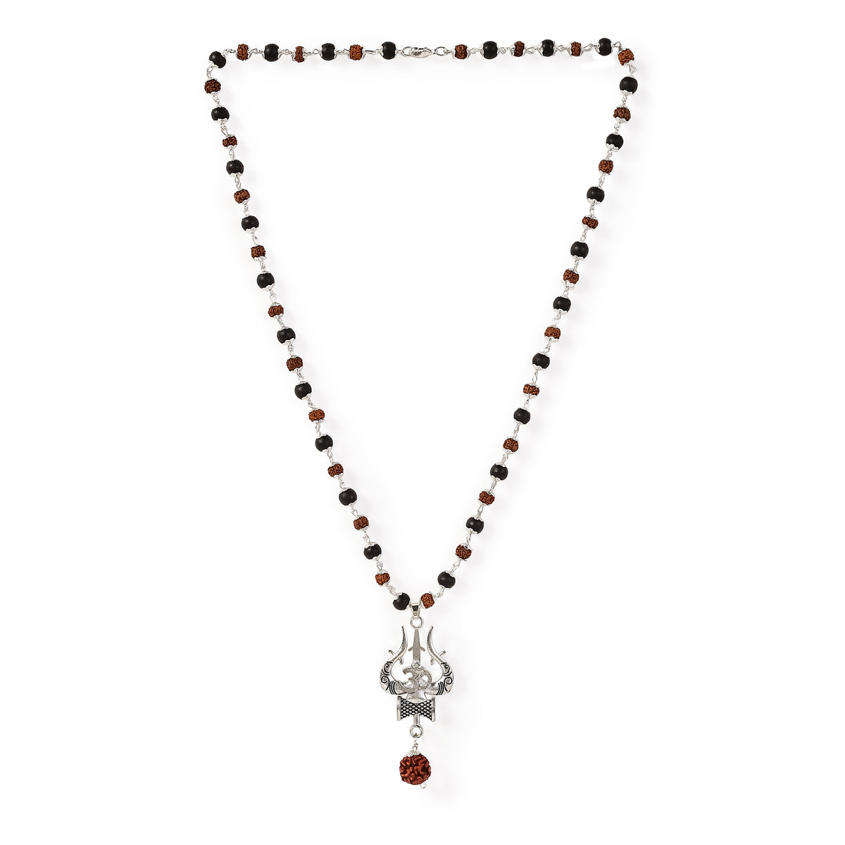 Rudraksha Karungali Mala in Silver-Cap with Shiv Trishul & Rudraksha Pendant