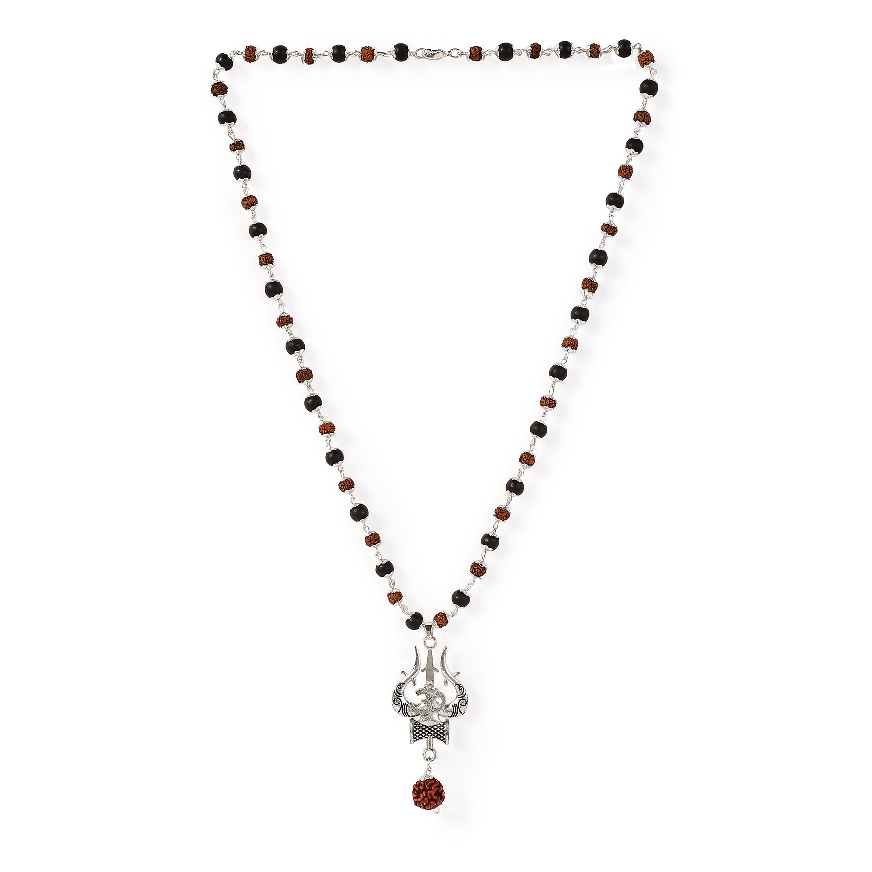 Rudraksha Karungali Mala in Silver-Cap with Shiv Trishul & Rudraksha Pendant