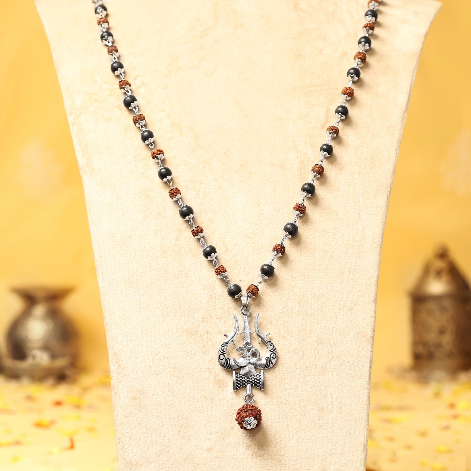 Rudraksha Karungali Mala in Silver-Cap with Shiv Trishul & Rudraksha Pendant