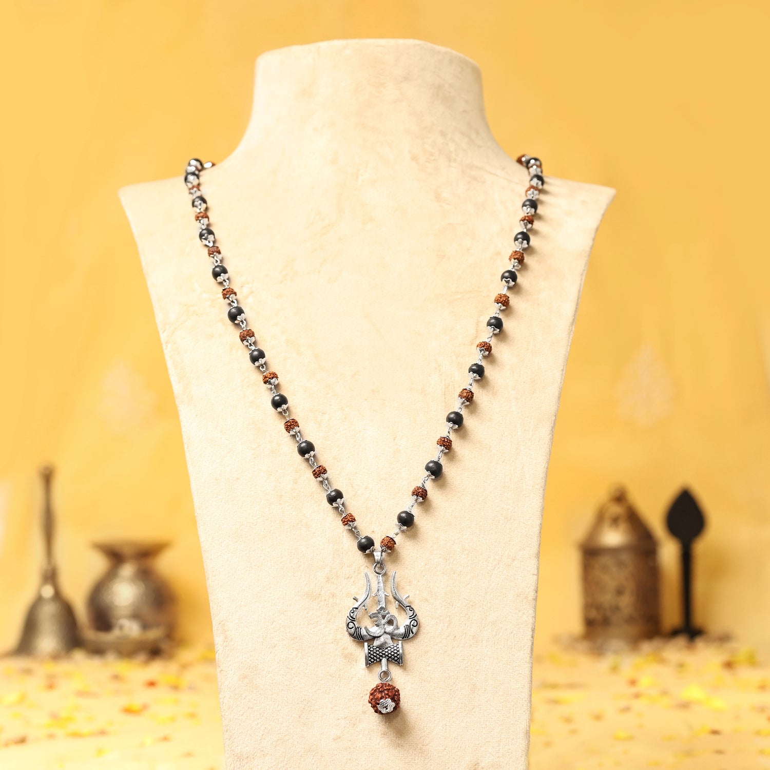 Rudraksha Karungali Mala in Silver-Cap with Shiv Trishul & Rudraksha Pendant