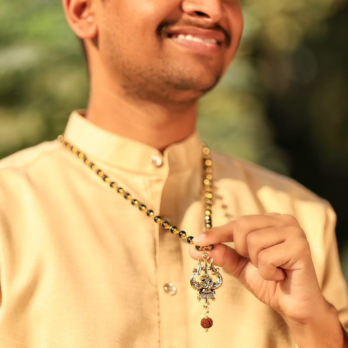 Karungali Malai in Gold-Cap with Shiv Trishul & Rudraksha Pendant Lifestyle Men